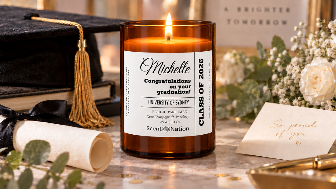 Graduation gift ideas Australia with personalised Scent Nation candle for Michelle, Class of 2026