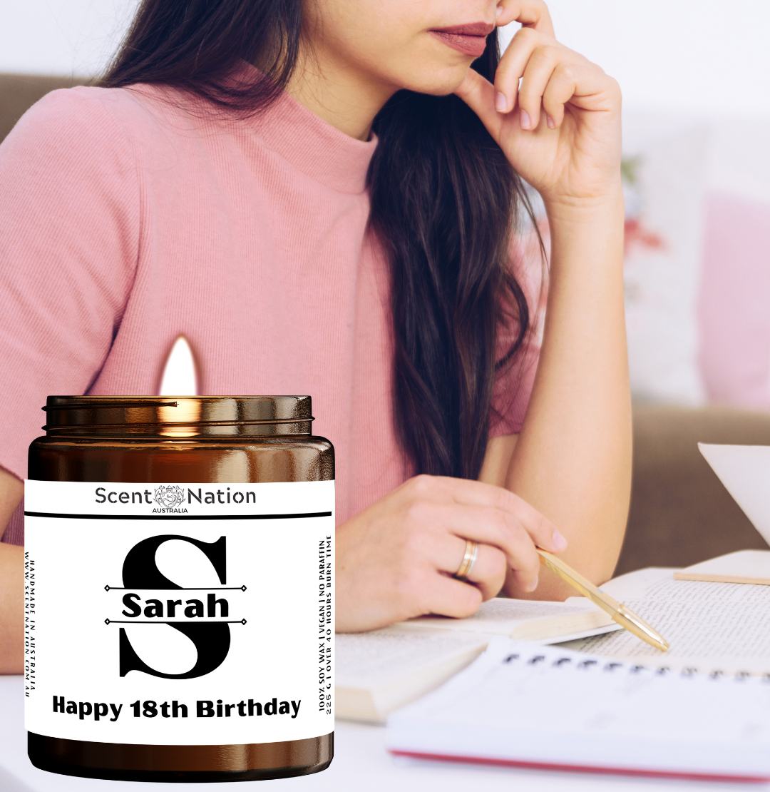 18th birthday gift idea for daughter – personalised monogram candle from Australia