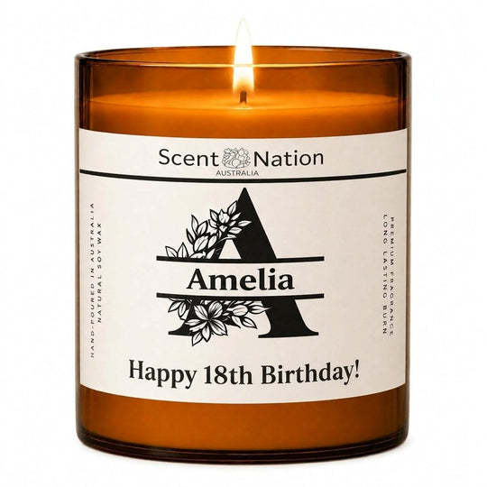 18th birthday gift ideas: personalised monogram candle, Large 285g amber soy jar with a floral letter A, the name Amelia and Happy 18th Birthday, Scent Nation Australia
