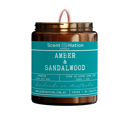 Scent Nation Australia Amber and Sandalwood scented candle, 100% soy wax, non toxic, phthalate free, paraben free, Australian made home scents