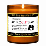 Aphrodisiac scented candle – Smells Like Aphroclitsiac, a Scent Nation hand-poured soy candle in an amber jar with its printed label, Australia