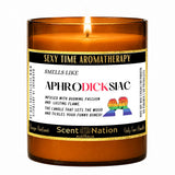 Aphrodisiac scented candle – Smells Like Aphrodicksiac · Pride Edition, a Scent Nation hand-poured soy candle in an amber jar with its printed label, Australia
