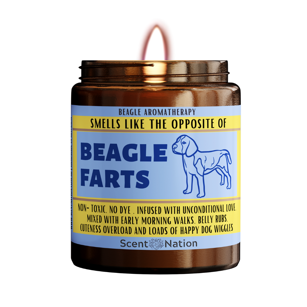 A Beagle puppy sitting on a candle labeled "Smells like the opposite of Beagle fart". The candle is made in Australia and is a great gift for Beagle lovers, new Beagle owners, or anyone who appreciates a dog candle that doubles as a fart extinguisher. This funny and unique dog gift is perfect for gag gifts, dog lovers, Beagle owners, dog trainers, and dog groomers. It is also a great birthday gift for your furry friend.