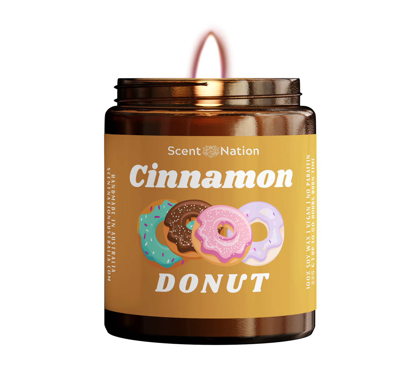 Charming soy candle with a cinnamon donut fragrance, perfect for adding warmth to any room.