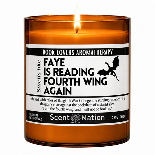 Fourth Wing candle – personalised book lovers gift: lit Large 285 g amber soy candle with a Book Lovers Aromatherapy label: smells like Faye is reading Fourth Wing again, with a dragon, Scent Nation Australia