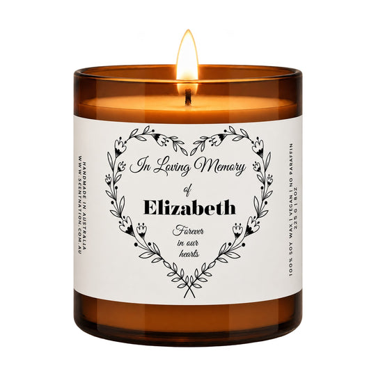 Memorial candle – personalised In Loving Memory candle: lit Large 285 g amber soy candle with a floral heart, the name Elizabeth and 'Forever in our hearts', Scent Nation Australia