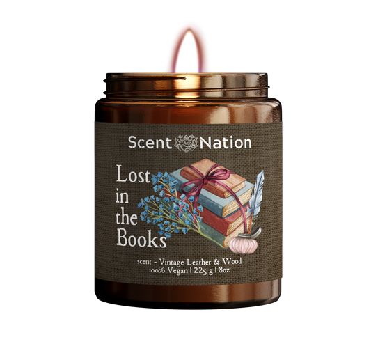 Inviting Lost in the Books soy candle, perfect for long reading sessions and relaxation.