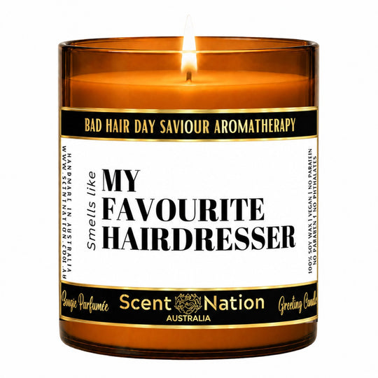 Gift for hairdresser – lit Large 285 g amber soy candle with a Bad Hair Day Saviour Aromatherapy label: smells like my favourite hairdresser, Scent Nation Australia