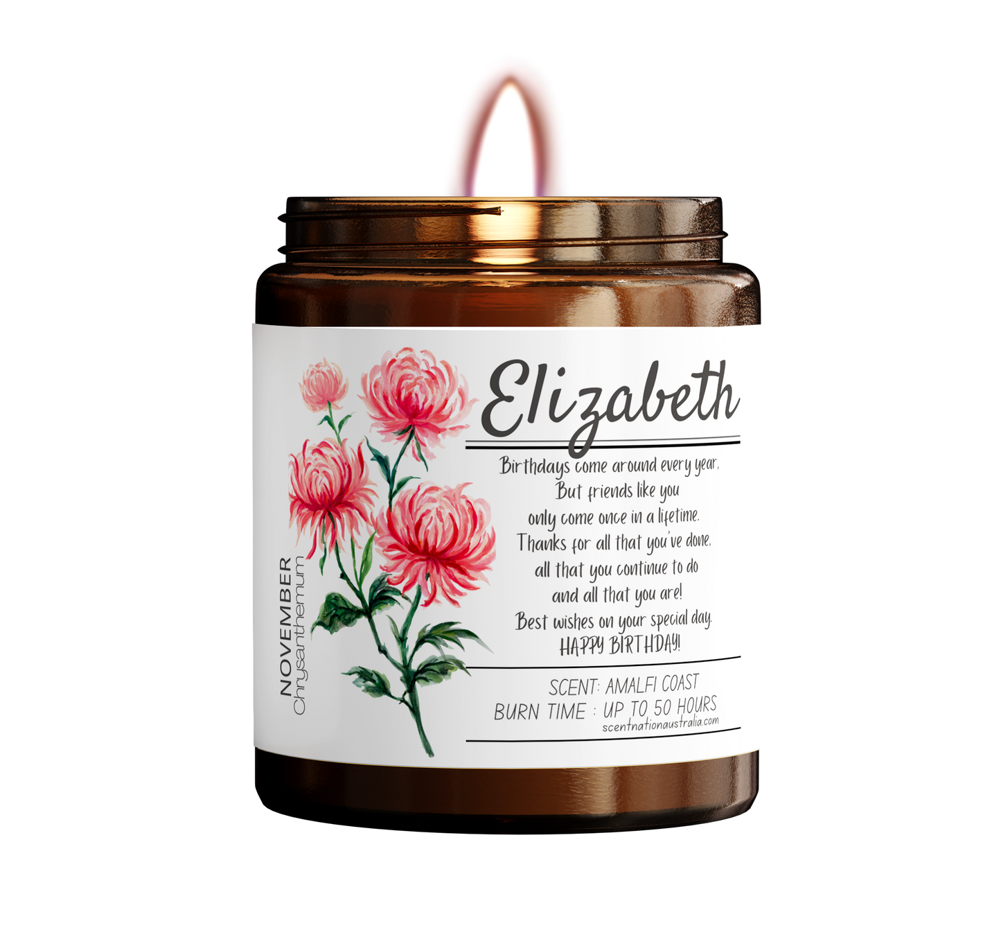 NOVEMBER FLOWER BIRTH MONTH - Chrysanthemum
Elegant birth month soy candle, a thoughtful gift for friends and family celebrating their special day
