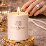 Baccarat rouge candle – Santal, a Scent Nation luxury soy candle in a white vessel with a gold logo, Australia