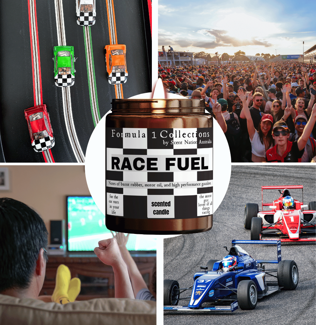 Racing Fuel Petrol Candle designed for fans of Formula 1, evoking the thrill of the racetrack