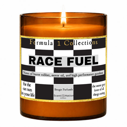 Formula 1 gift – Race Fuel candle: lit Large 285 g amber soy candle with a chequered-flag Formula 1 Collections label, Scent Nation Australia