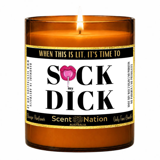 Naughty gift – adults-only joke candle: lit Large 285 g amber soy candle with a When This Is Lit label and gold trim, Scent Nation Australia