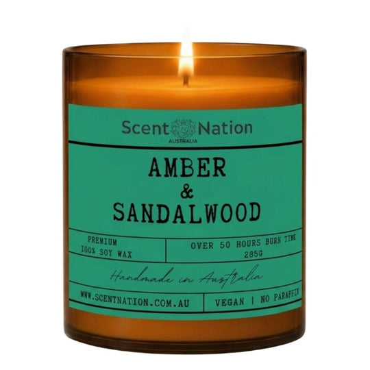 Amber candle: Amber & Sandalwood scented soy candle in a Large 285g amber jar with a teal label, over 50 hours burn time, Scent Nation Australia