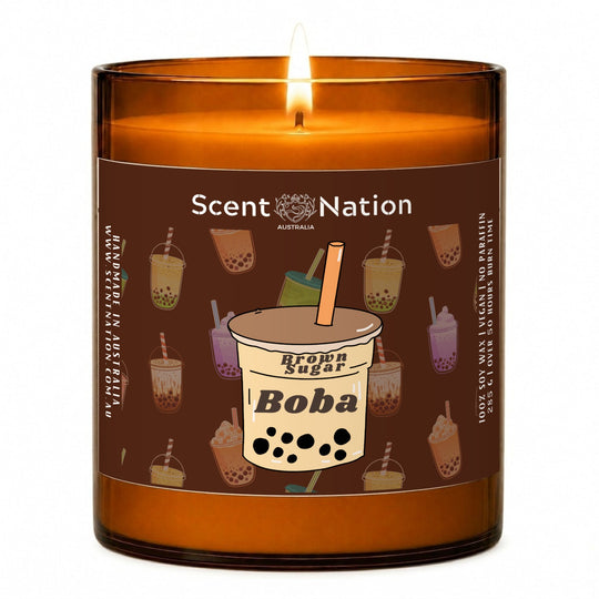 Boba scented candle: Brown Sugar Boba soy candle in a Large 285g amber jar with a chocolate-brown label and a bubble tea cup pattern, Scent Nation Australia