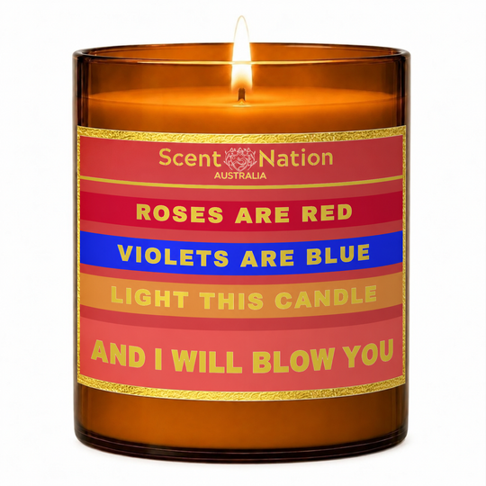 Funny candles: Roses Are Red candle in a Large 285g amber jar with a red, blue and orange striped label and a cheeky poem, Scent Nation Australia