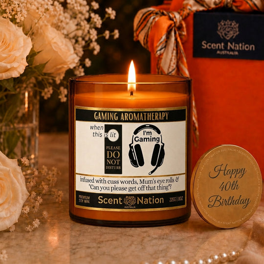 40th Birthday Gamer personalised candle with Happy 40th Birthday engraved lid — Scent Nation Australia