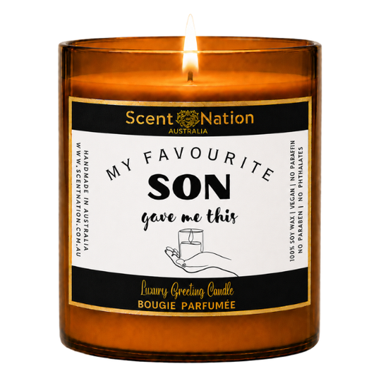Gifts for mum from son: My Favourite Son Gave Me This candle, Large 285g amber soy candle with a black and gold label and a hand holding a candle, Scent Nation Australia