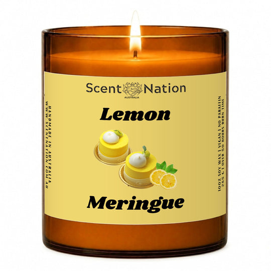 Lemon candle: Lemon Meringue scented soy candle in a Large 285g amber jar with a yellow label, lemon tarts and lemon slices, over 50 hours burn time, Scent Nation Australia