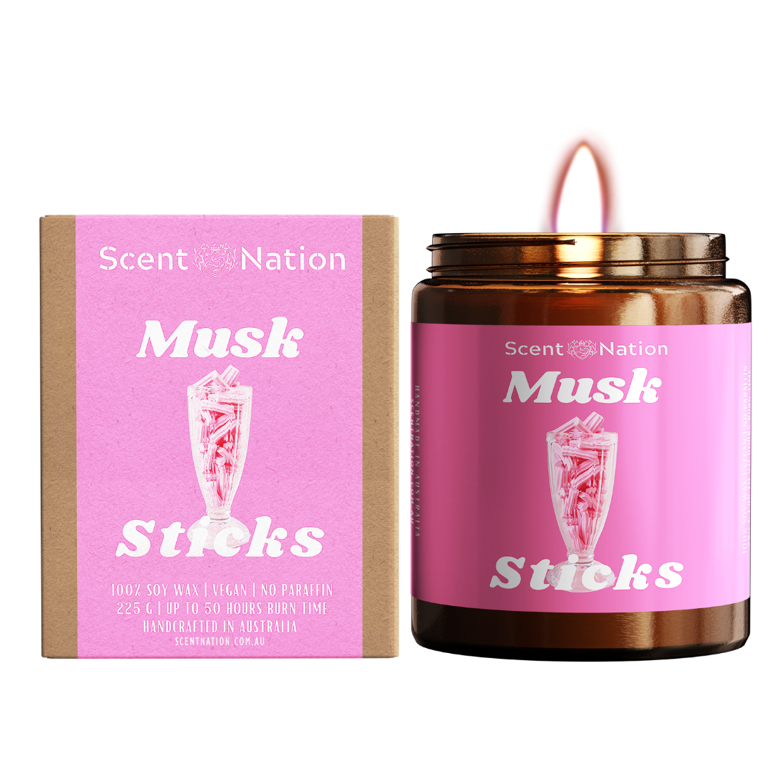Scented soy candle inspired by musk sticks, ideal for adding a playful, nostalgic touch to any space.