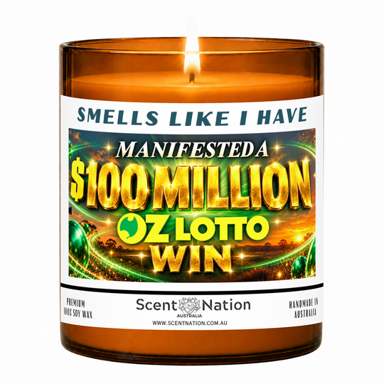 Lit Scent Nation large amber soy candle labelled Smells Like I Have Manifested a $100 Million Oz Lotto Win