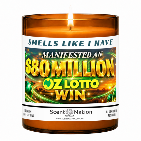 Lit Scent Nation large amber soy candle labelled Smells Like I Have Manifested an $80 Million Oz Lotto Win