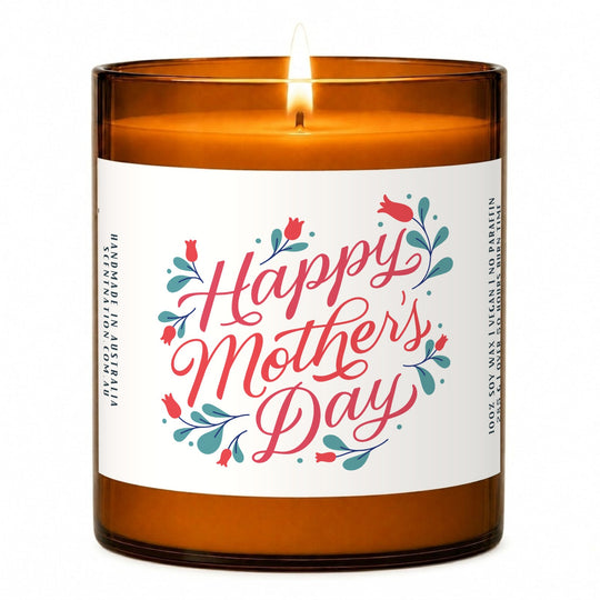 Personalised mothers day gifts: Happy Mother's Day candle, Large 285g amber soy jar with a white label, pink script lettering and red tulips, Scent Nation Australia