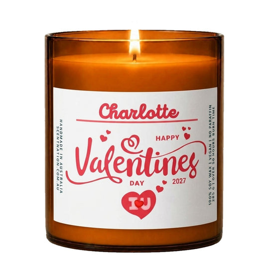 Valentines gifts for her: personalised Happy Valentines Day candle with the name Charlotte, Large 285g amber soy jar, white label with red script and hearts, Scent Nation Australia