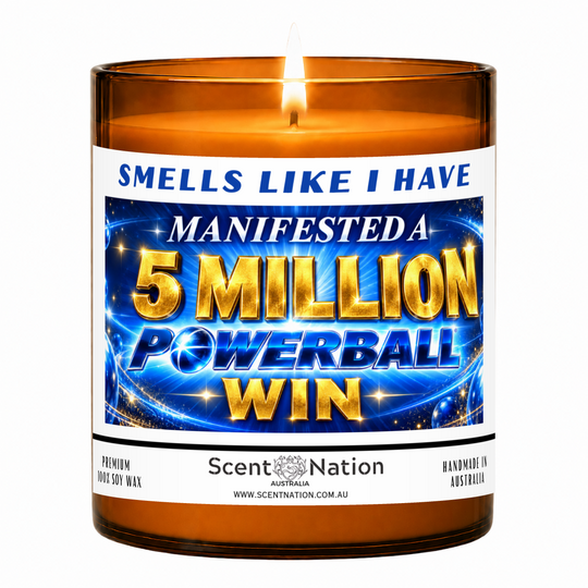 Lit Scent Nation large amber soy candle labelled Smells Like I Have Manifested a $5 Million Powerball Win