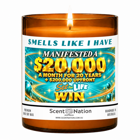 Lit Scent Nation large amber soy candle labelled Smells Like I Have Manifested a Set for Life Win