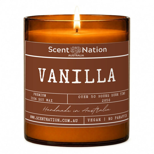 Vanilla candle: Vanilla scented soy candle in a Large 285g amber jar with a brown label, over 50 hours burn time, Scent Nation Australia