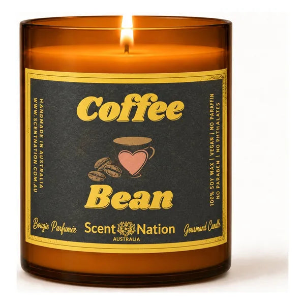 Coffee candle – Coffee Bean scented soy candle in a Large 285g amber jar, a charcoal label with coffee beans, a heart-shaped cup and gold lettering