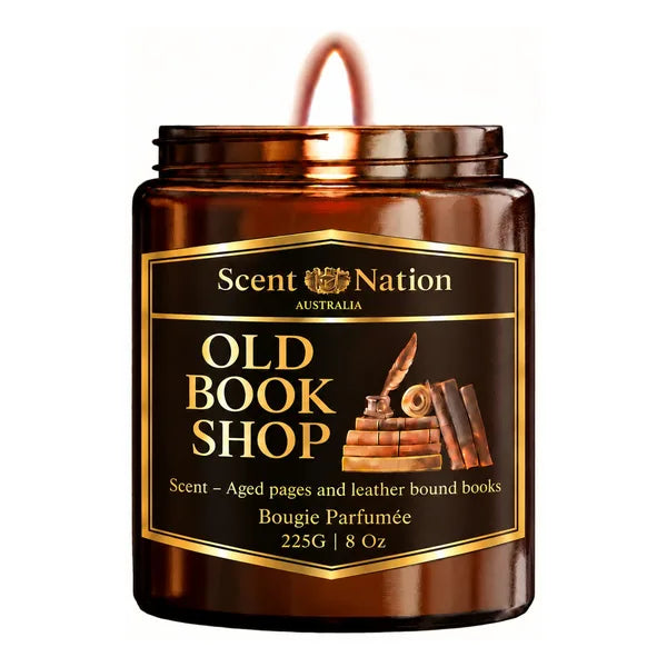 Old Book Shop Candle, a library-scented gift for book lovers in Australia – Medium 225g amber soy candle with a black-and-gold antique books label, scented with aged pages and leather-bound books
