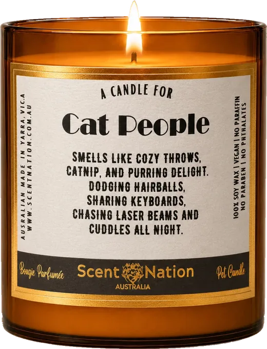 Candles for cat lovers – the Cat People candle, a Large 285g amber soy candle with a black-band label about catnip, keyboards, laser beams and purring cuddles