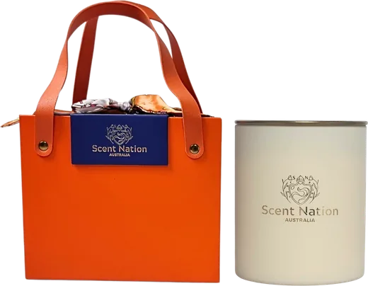 Baccarat rouge candle – Baccarat, a Scent Nation luxury soy candle in a white vessel with a gold logo and gold lid, beside its orange gift bag
