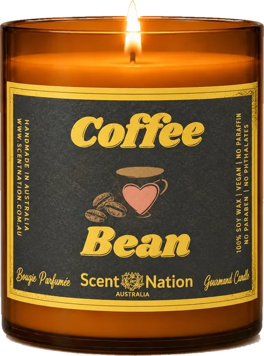 Coffee scented candles – Coffee Bean soy candle in a Large 285g amber jar with a charcoal label of coffee beans, a heart-shaped cup and gold lettering