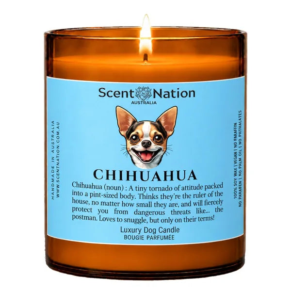 Dog breed gifts Australia – The Chihuahua Candle, a Scent Nation hand-poured soy candle in an amber jar with its printed label, Australia