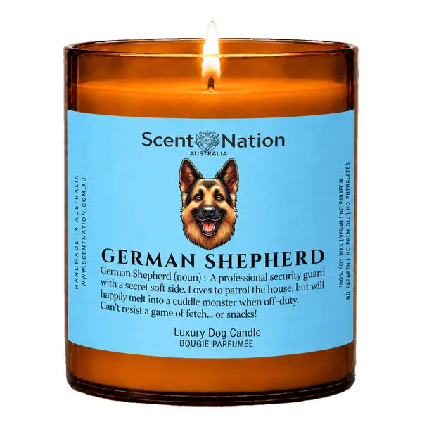 German Shepherd Dog Gifts – German Shepherd dog noun candle with a hand-drawn portrait and funny dictionary definition on a baby-blue label, Large 285g amber jar, for dog lovers in Australia