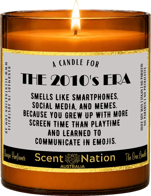 2010s nostalgia gifts – The 2010’s Era candle, a Large 285g amber soy candle with a gold-trimmed label: a candle for the 2010’s era, hand-poured in Australia