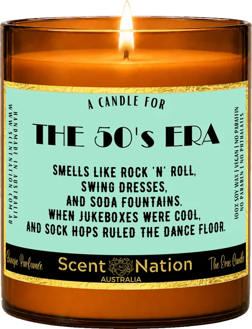 1950s nostalgia gifts – The 50’s Era candle, a Large 285g amber soy candle with a gold-trimmed label: a candle for the 50’s era, hand-poured in Australia