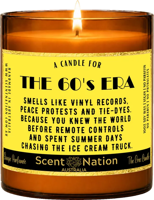 1960s nostalgia gifts – The 60’s Era candle, a Large 285g amber soy candle with a gold-trimmed label: a candle for the 60’s era, hand-poured in Australia