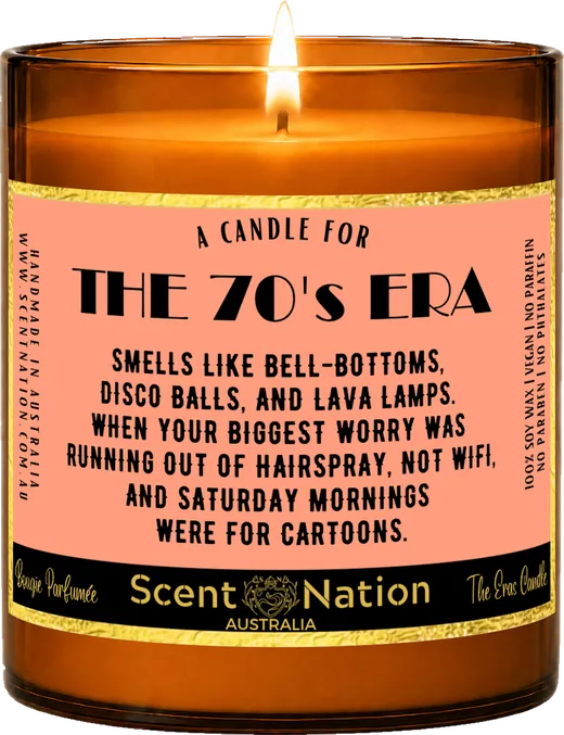 1970s nostalgia gifts – The 70’s Era candle, a Large 285g amber soy candle with a gold-trimmed label: a candle for the 70’s era, hand-poured in Australia