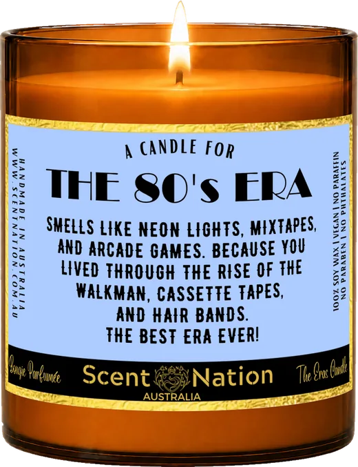 1980s nostalgia gifts – The 80’s Era candle, a Large 285g amber soy candle with a gold-trimmed label: a candle for the 80’s era, hand-poured in Australia
