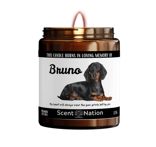 Personalised pet memorial candle hand-poured in NSW with your pet's name on a vinyl sticker