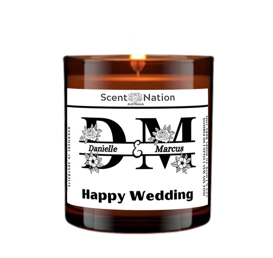 Personalised wedding gift candle for bride and groom Australia, monogram soy candle with vinyl sticker by Scent Nation
