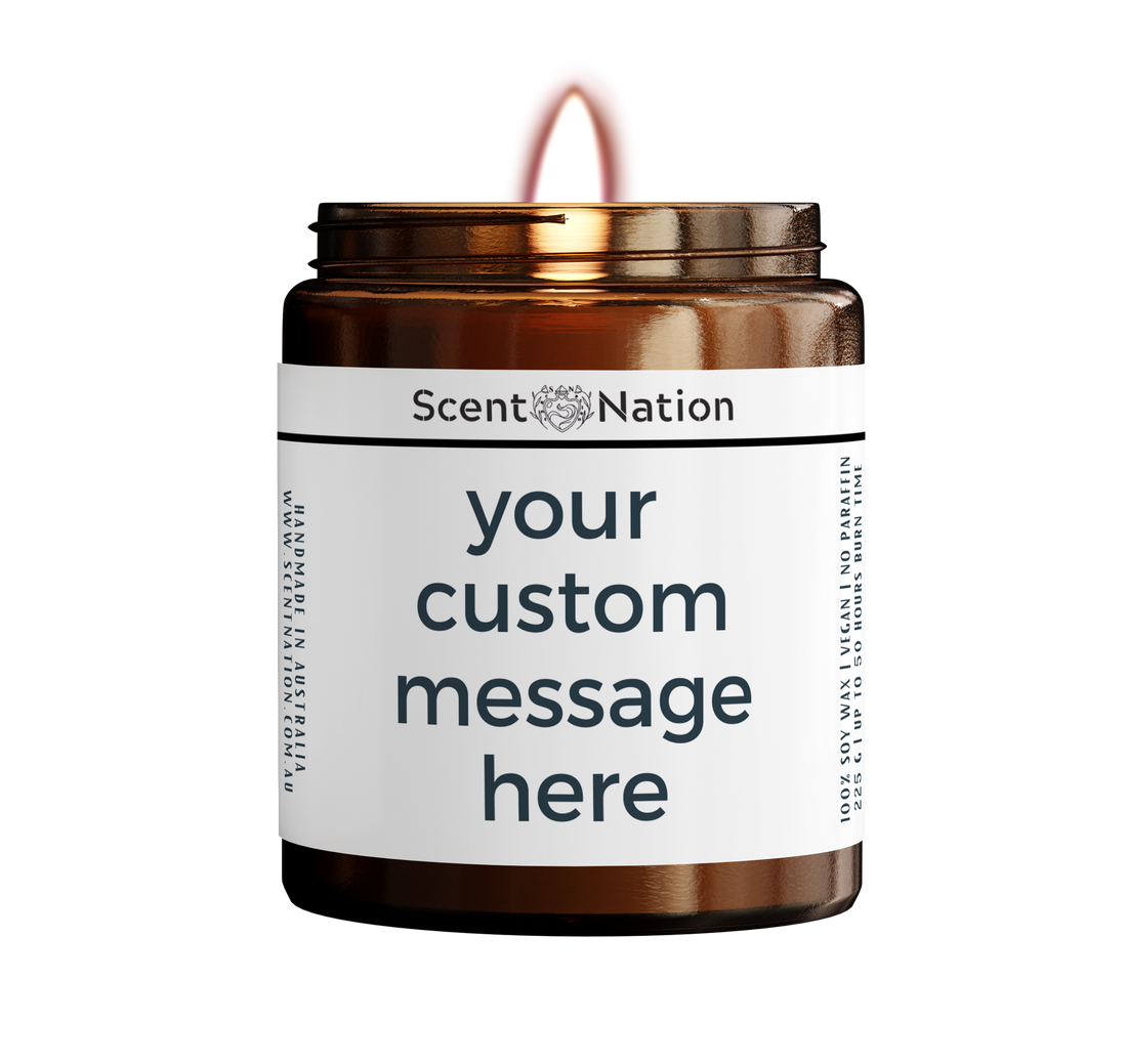 Personalised gifts Australia — hand-poured soy candle with vinyl sticker naming the recipient, from Scent Nation NSW home studio