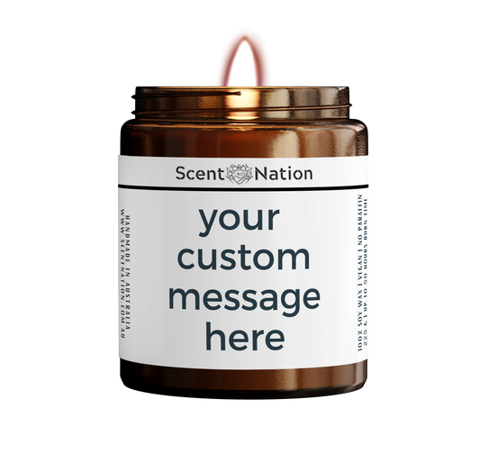 Personalised gifts Australia — hand-poured soy candle with vinyl sticker naming the recipient, from Scent Nation NSW home studio