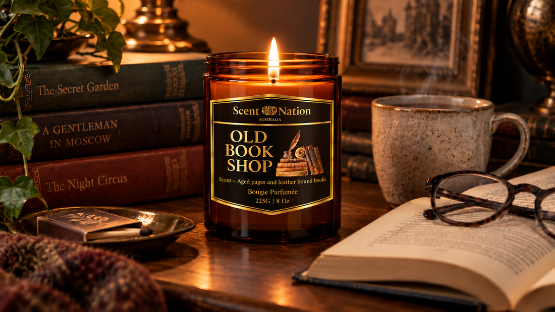 Old Book Shop candle by Scent Nation Australia in a cosy reading nook with books and reading glasses