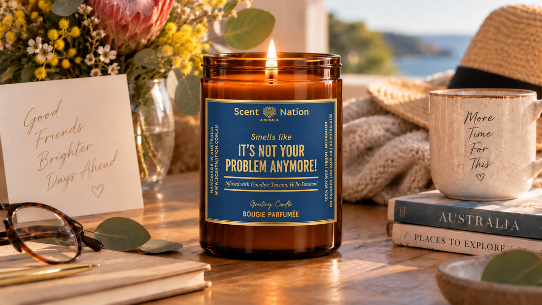 Retirement gift ideas Australia with Scent Nation retirement candle in a relaxed lifestyle setting