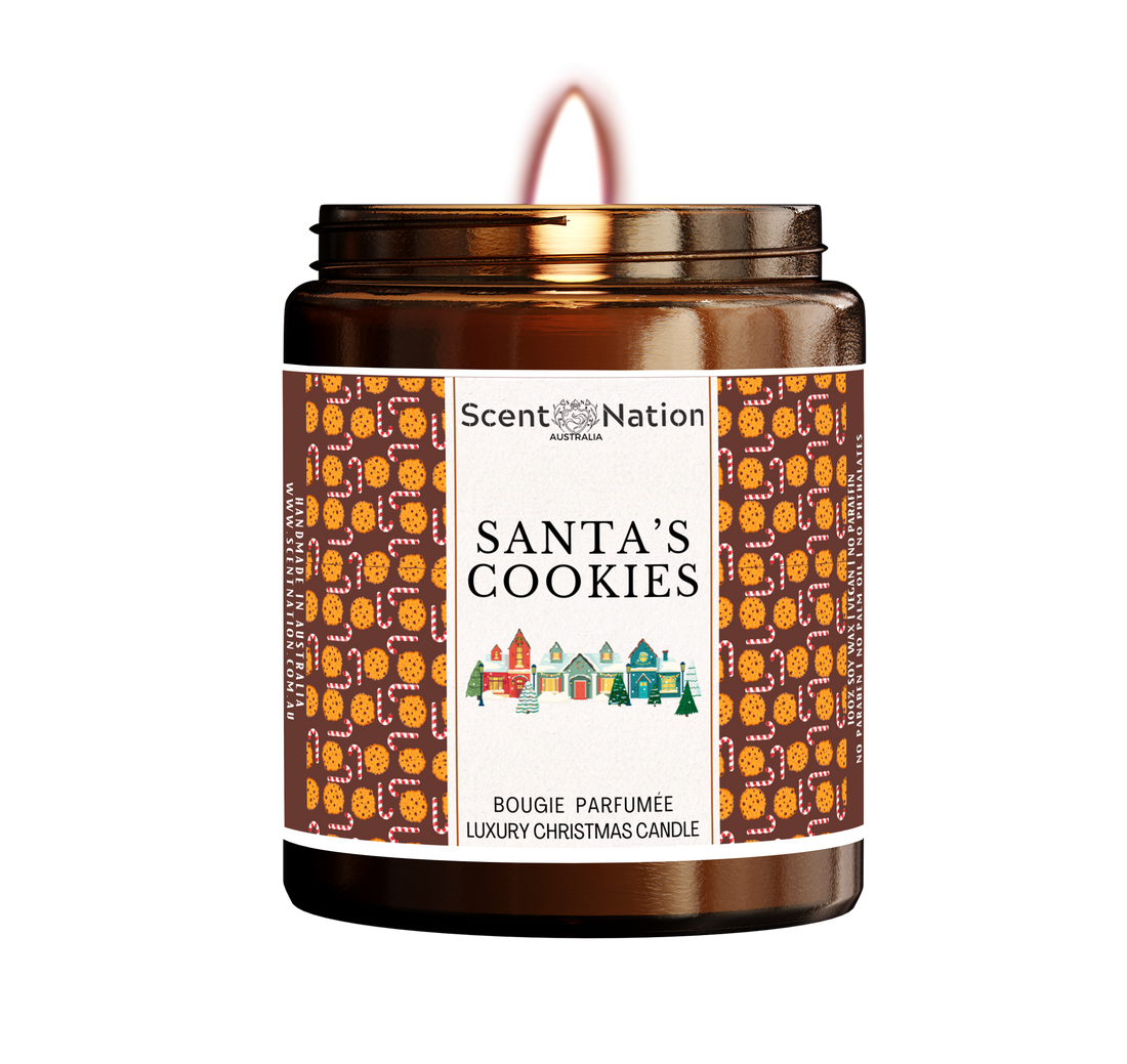 Personalised Christmas candle Australia, Santa's Cookies hand-poured soy with vinyl sticker by Scent Nation